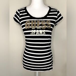 Guess Women Black White Stripe Gold Sequin Logo T-shirt Size Medium